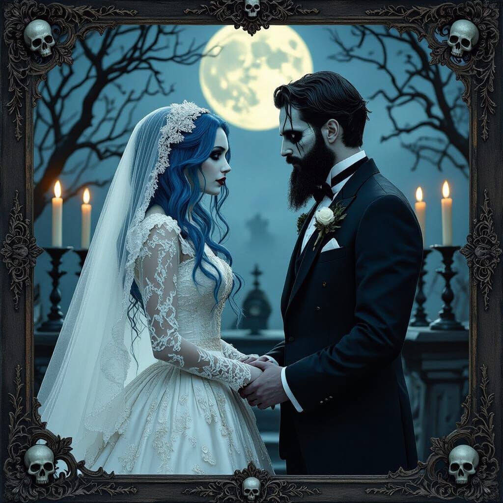Dark Whimsical Wedding Scene in Detailed Matte Painting Styl...