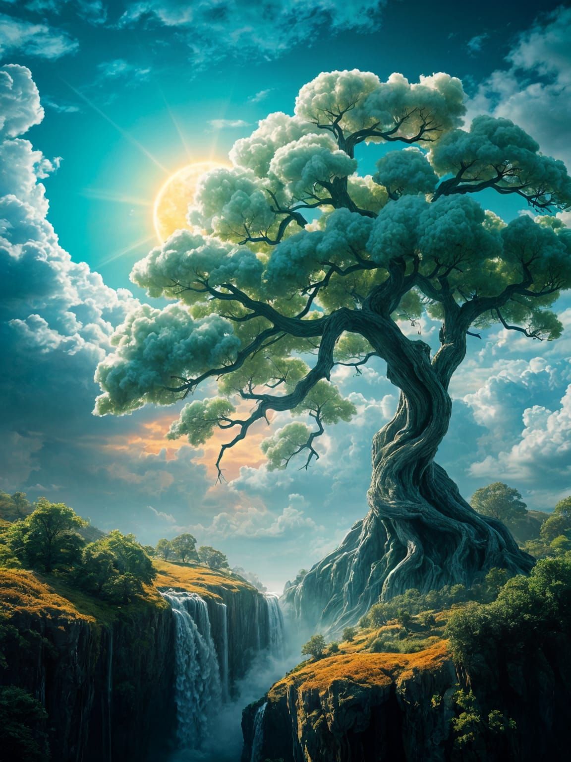 Surreal Cloudy Tree soars with Electric Sun