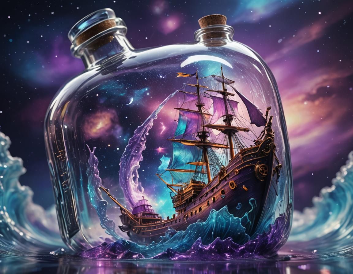 A fragile ancient ship in a transparent bottle, surrounded b...