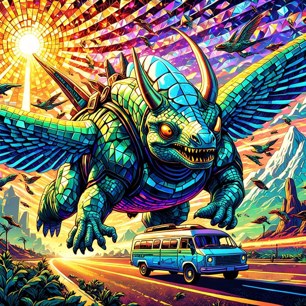 Vibrant Highway Scene in Mosaic Style