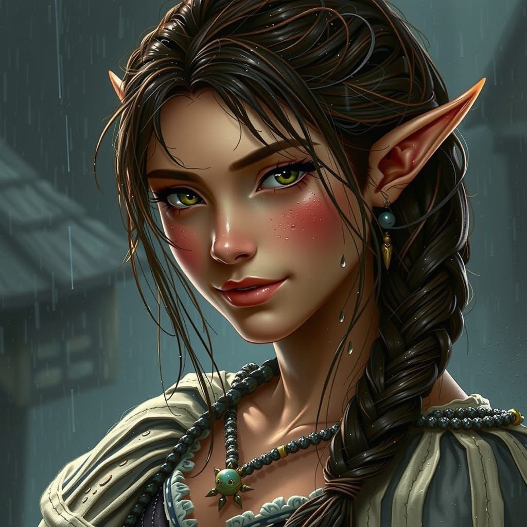 Elven Milkmaid Radiates Warmth in Rainy Village