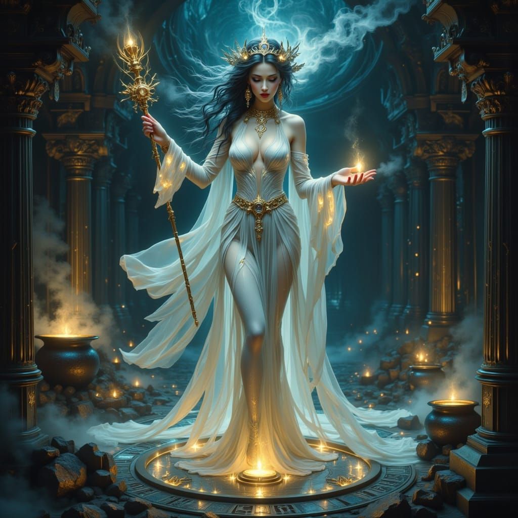 Curvy Sorceress Casting Spells in Dark Fantasy Style