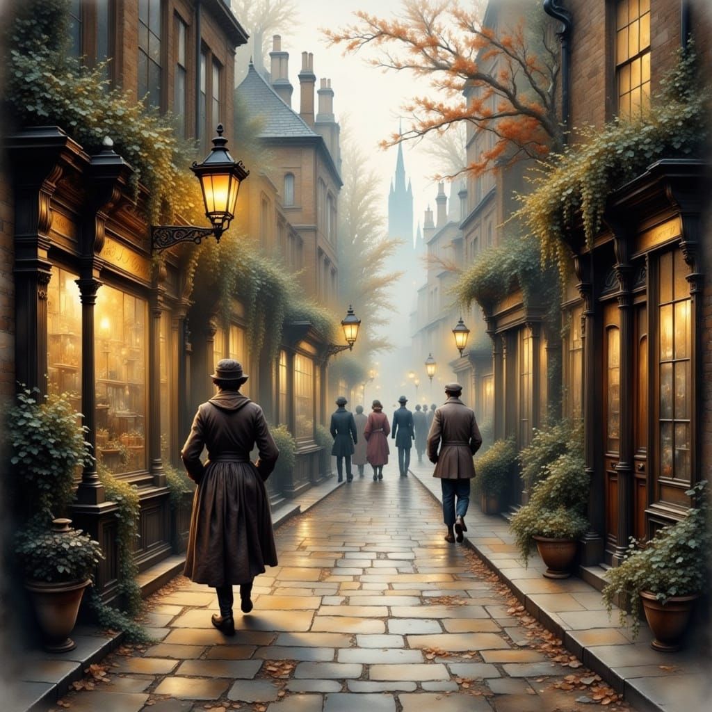 Edwardian London Street Scene in Antique Watercolor Style