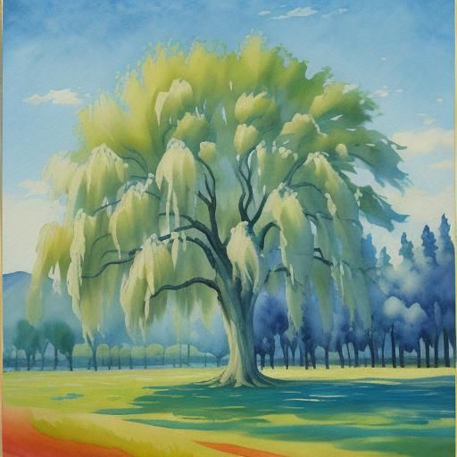 Willow Tree as Gouache Style Impressionist Painting