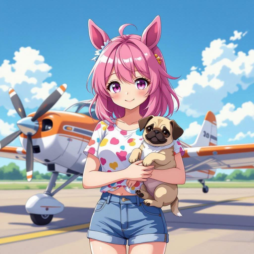 Anime Girl with Puppy at Airfield, Studio Trigger Style