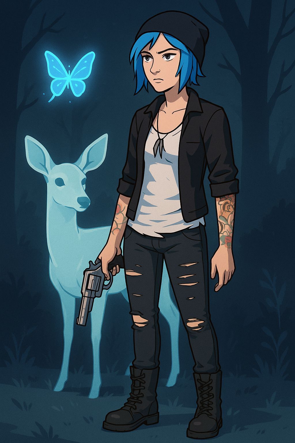 Chloe Price with Neon Butterfly, Cel-Shaded Style
