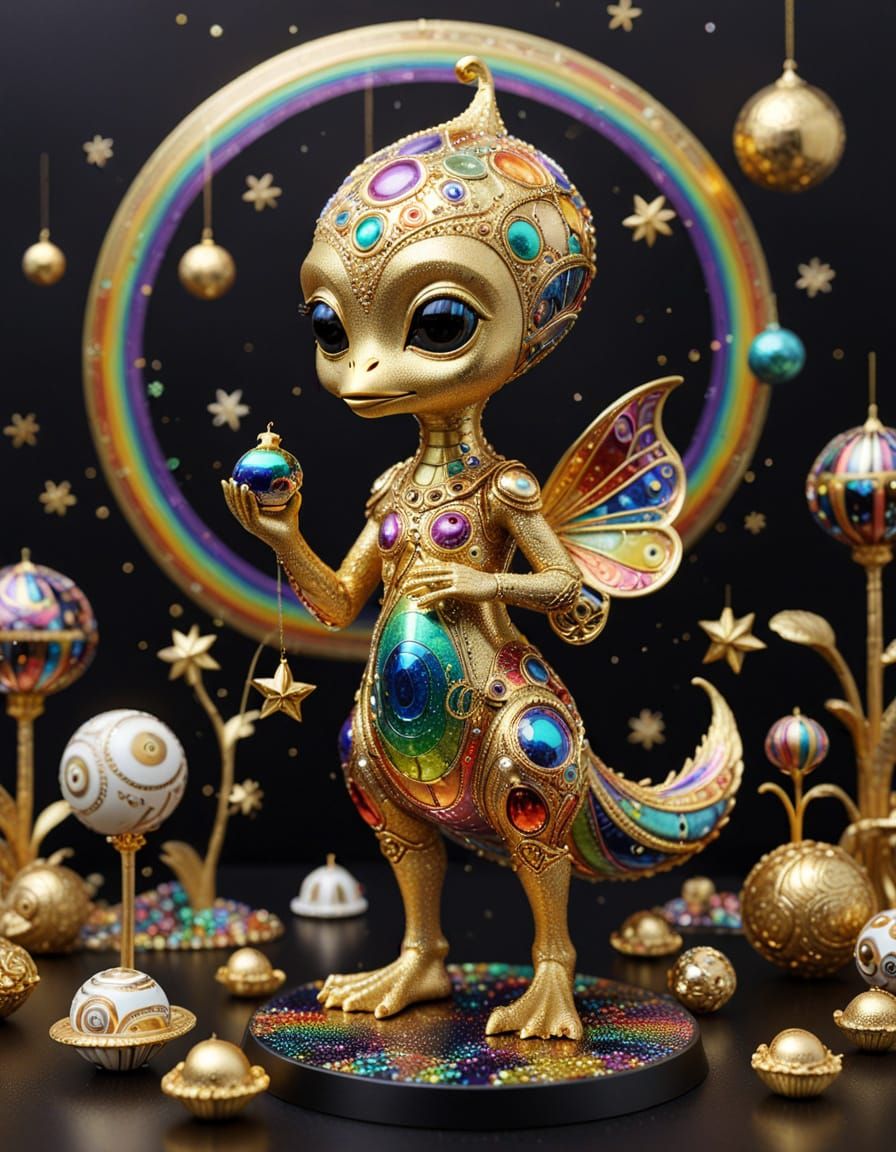Klimt Style Rainbow Alien with Duckling in Art Nouveau Style