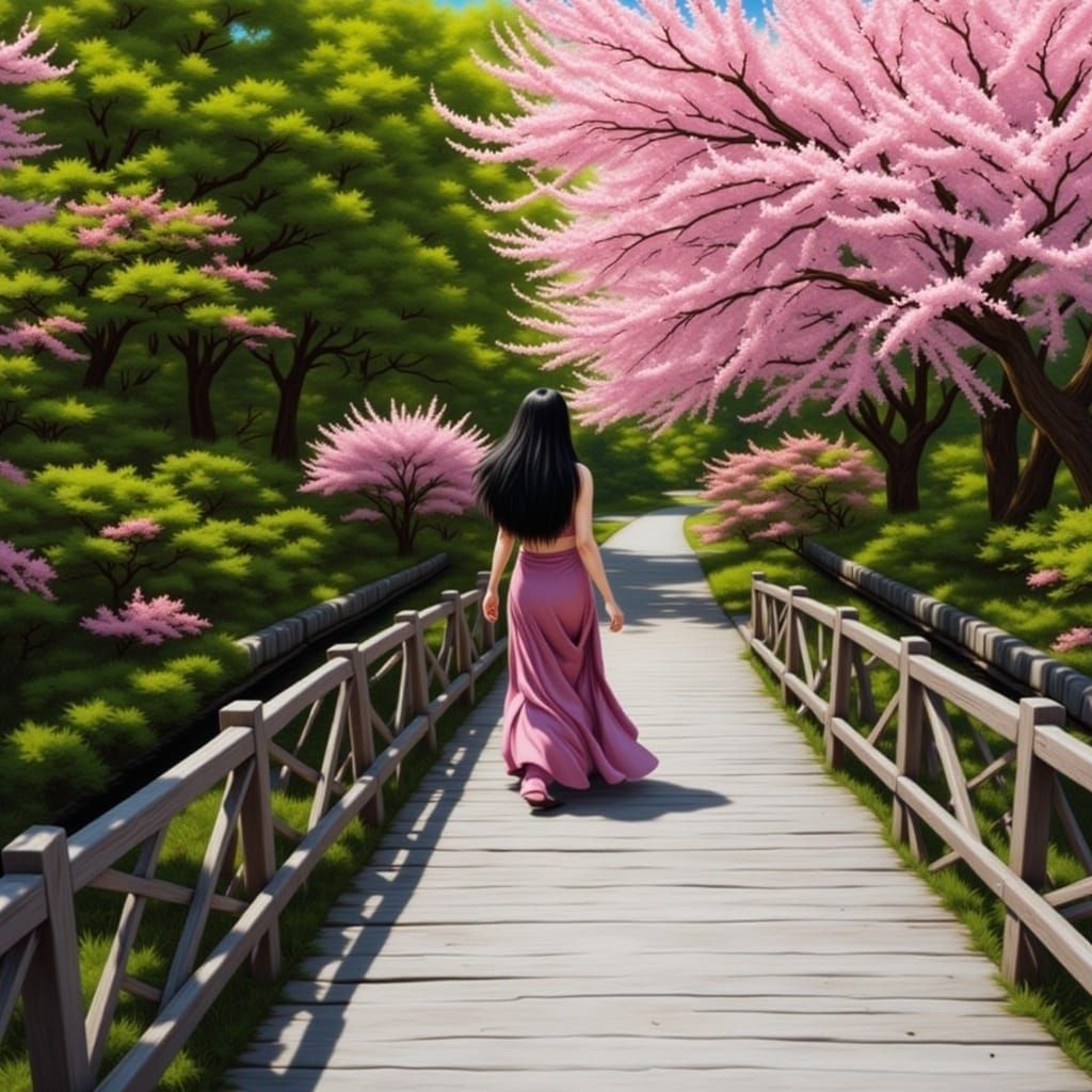 Beautiful Cherry Blossom Kimono Girl Over Bridge in Vibrant,...