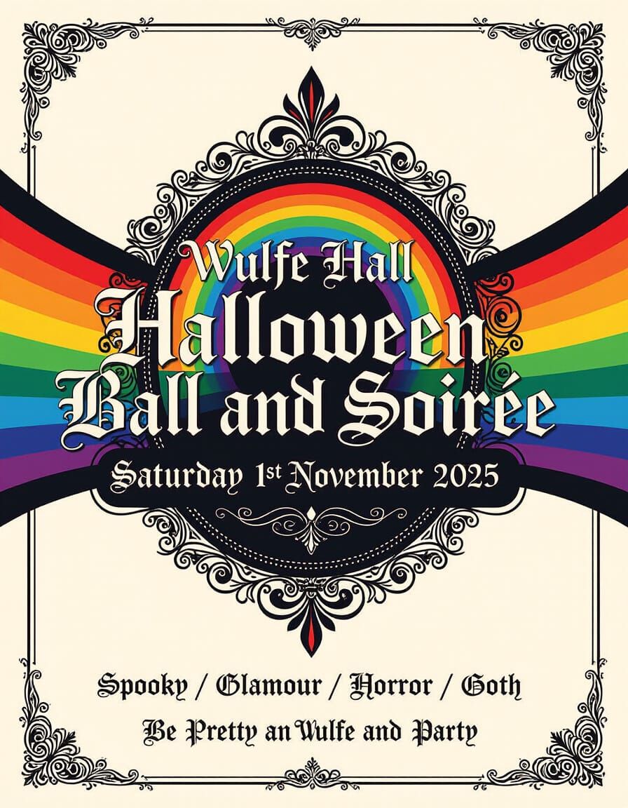 Gothic Rainbow Script Font Invitation for Halloween Ball