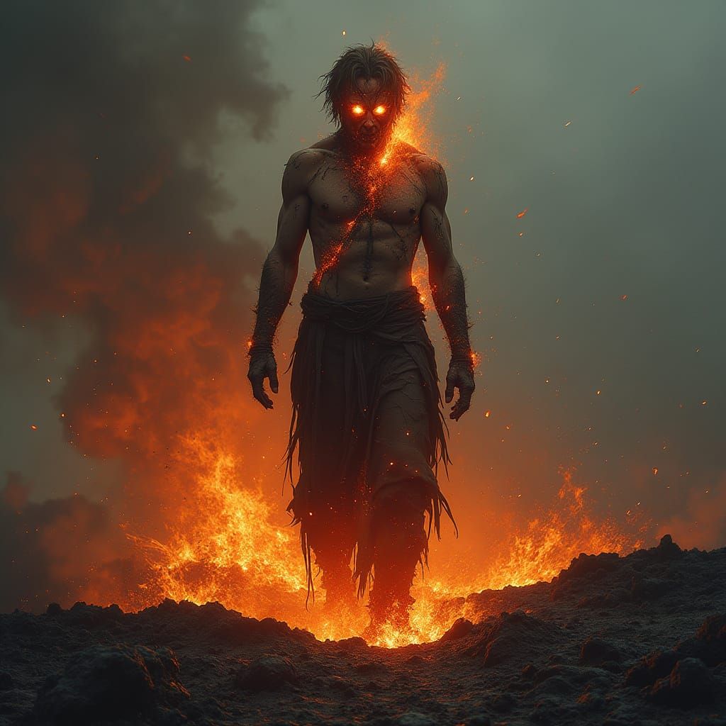 Melting Man Ablaze in Volcanic Inferno