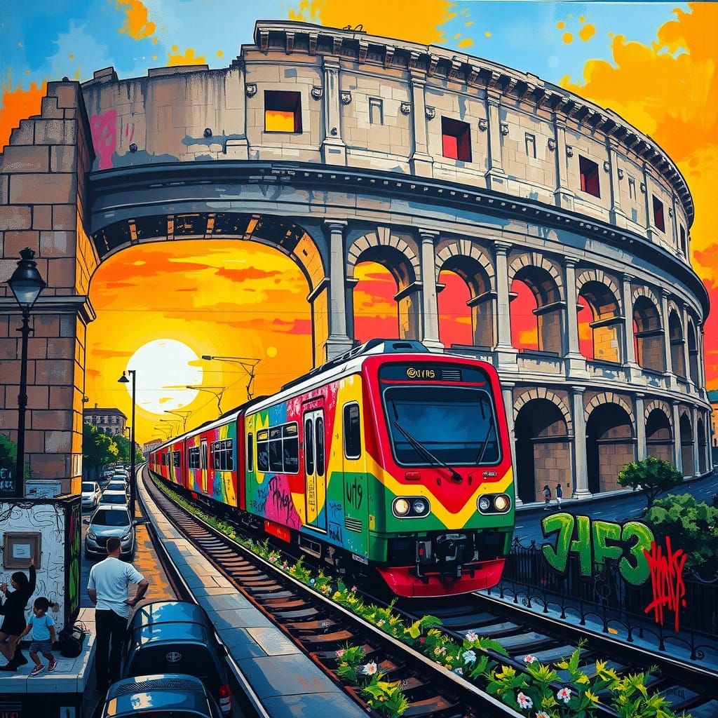 Vibrant Train Emerge from Coliseum in Street Art Style