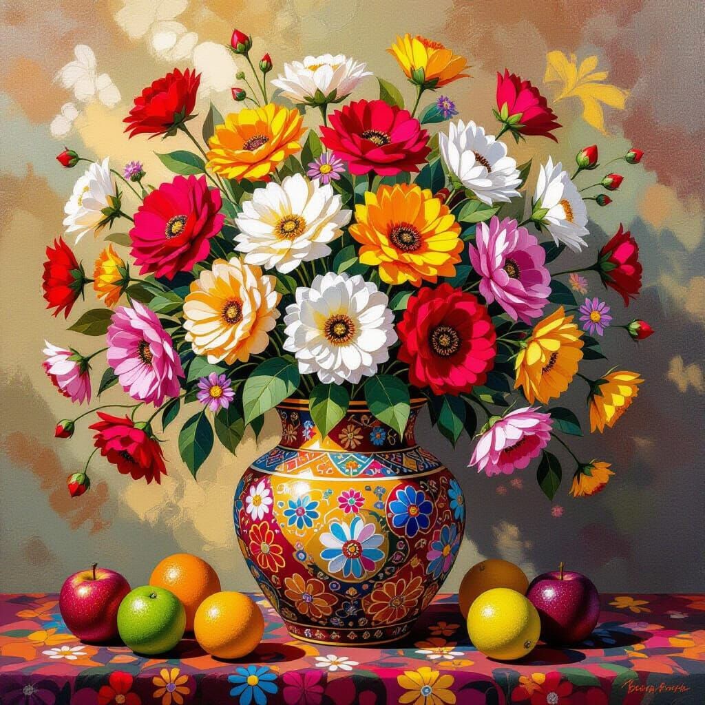 Impasto Dot Floral Arrangements with Fruit in Aboriginal Art...