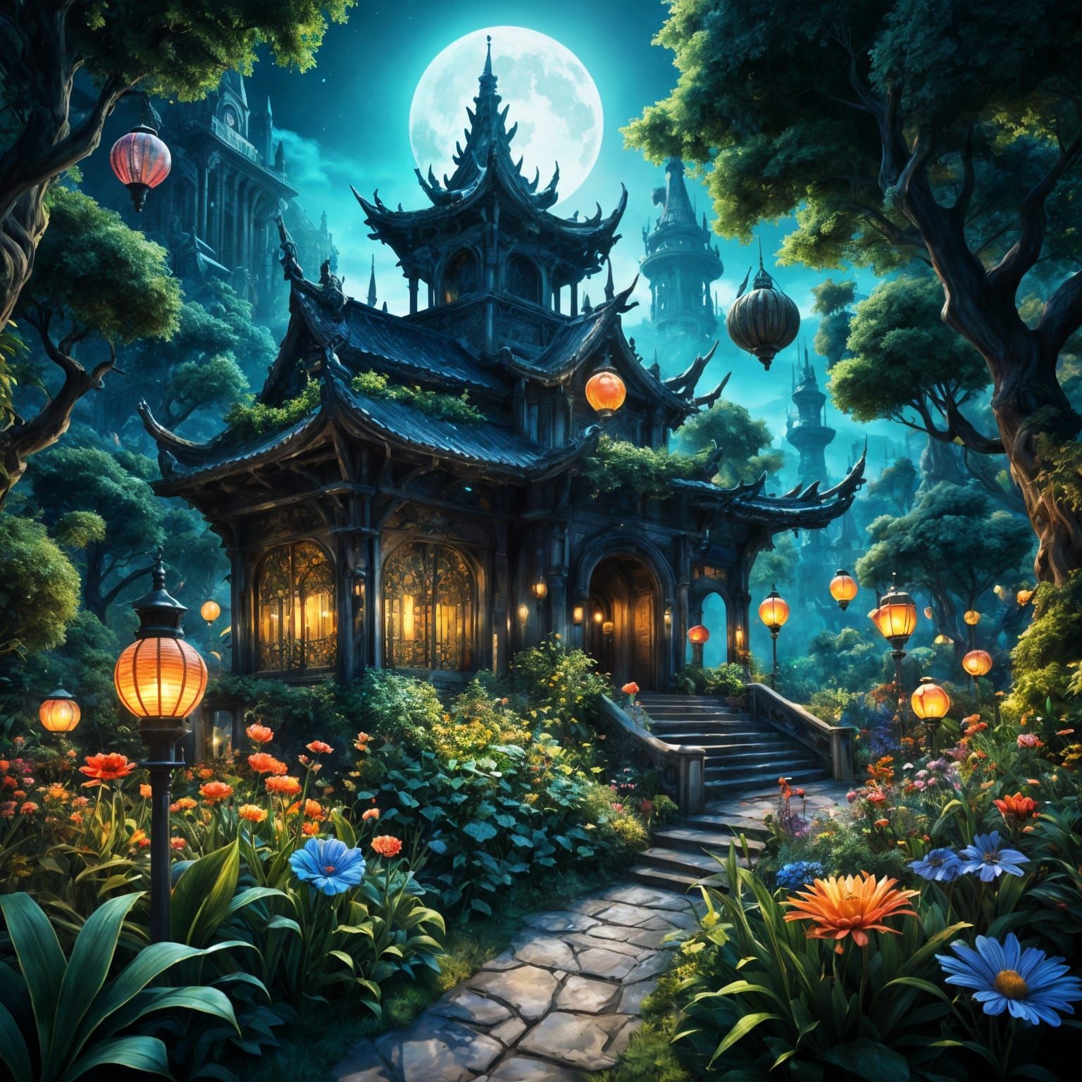 Enchanted Night Garden with Colorful Flora and Fairy Lights