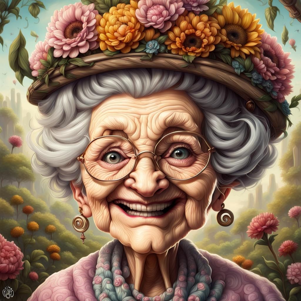Joyful Grandma in a Baroque Garden Dreamscape