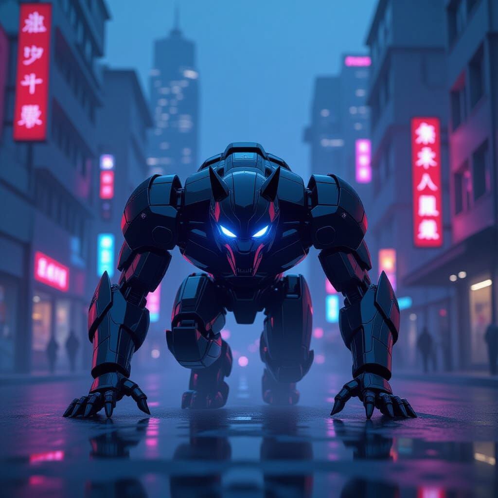 Black Panther Transformer Robot in Futuristic City