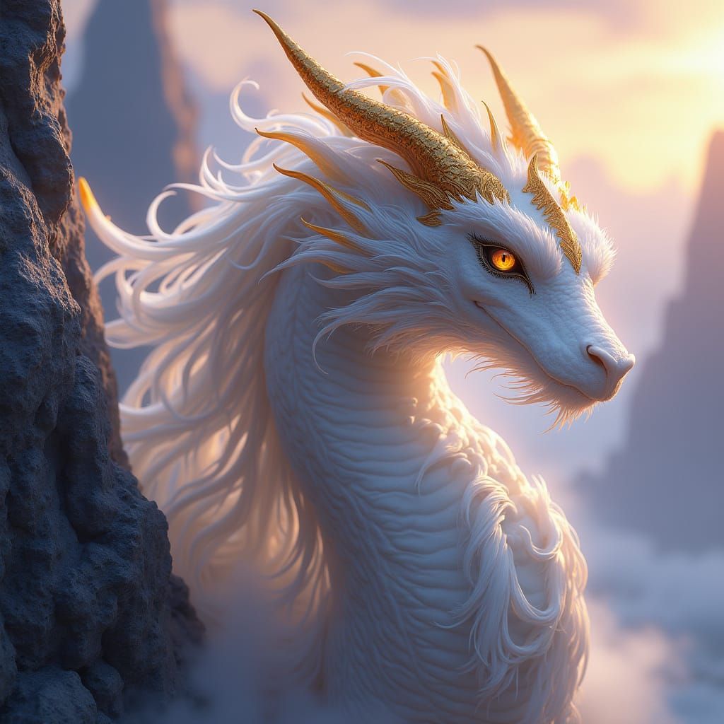 White and Gold Dragon Maiden in Mystical Mountains