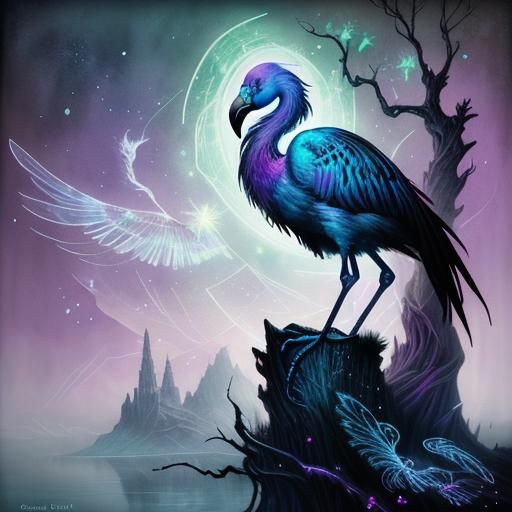 Bioluminescent Crystal Raven Watercolor Fantasy Artwork