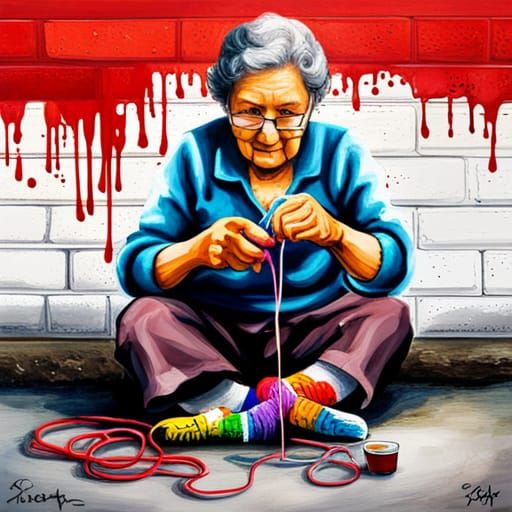 Grandma Knitting Colorful Socks in Graffiti Art Style