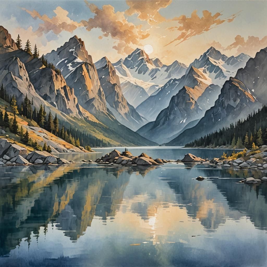 Impressionist Mountain Lake Landscape in Golden Light