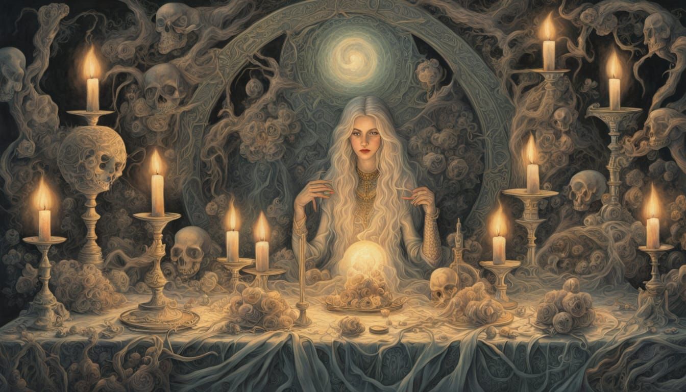 Translucent Witch with Black Cat and Ethereal Substance