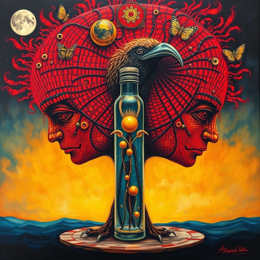 Surrealist Message in a Bottle with Whimsical Faces and Red...