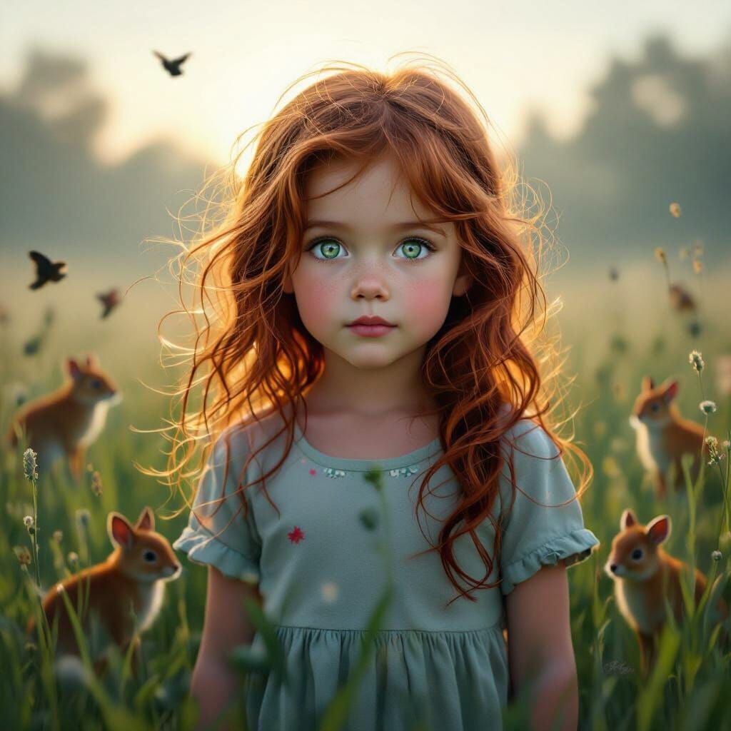 Girl Dancing with Forest Animals in Misty Sunrise Meadow