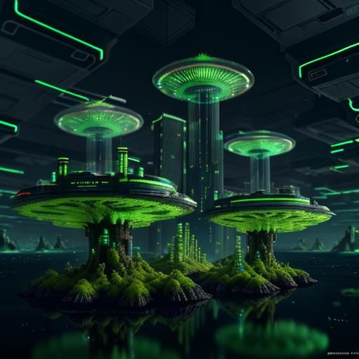 Futuristic Cityscape with Holographic Architecture and Biolu...