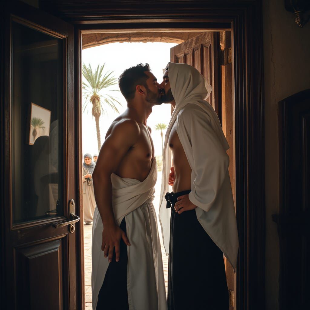 Passionate Kiss Between Two Arab Men