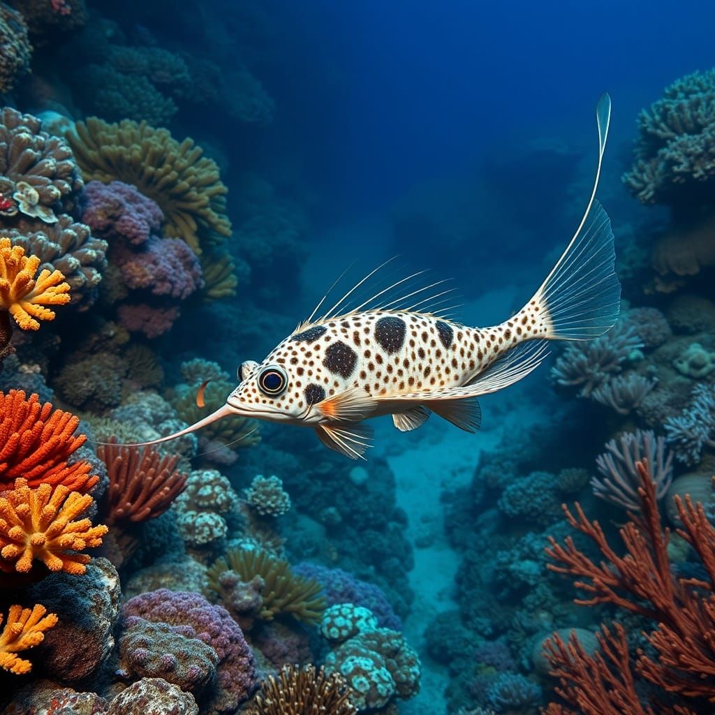 A spotted ratfish, a chimaera fish with a long thin rat-like tail, swimming along a forest of vibrant corals on the bott...