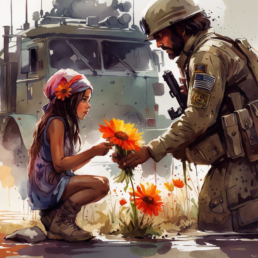 Hippie Girl Offers Flower to Soldier: Watercolor Art