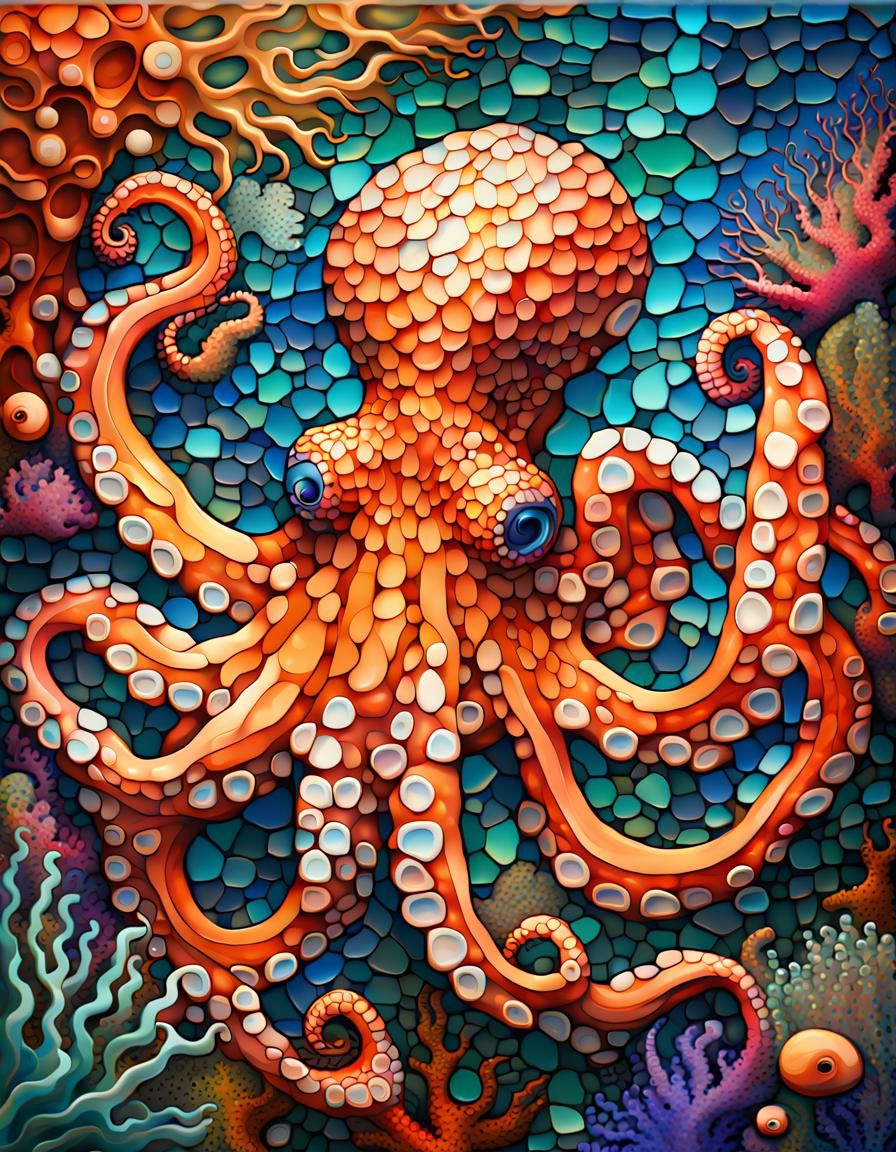 Blown Glass Octopus in Coral Reef Mosaic
