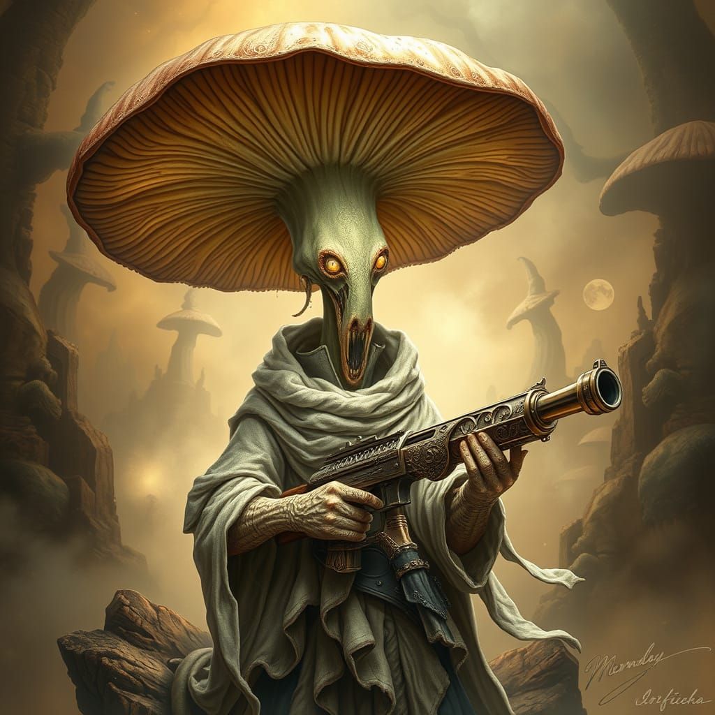 Surreal Fungal Artificer in Mystical, Dreamlike Landscape