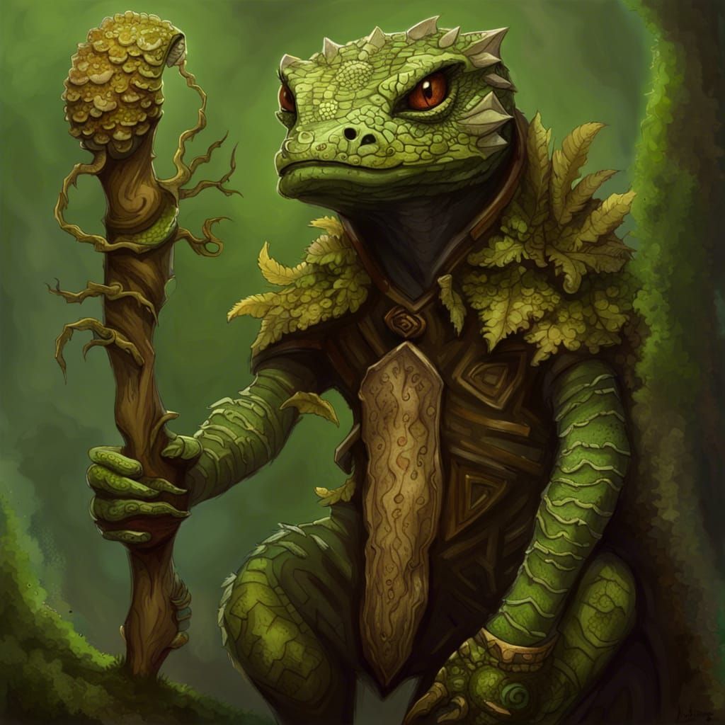 Lizardman Druid with Gecko Features and Fungi