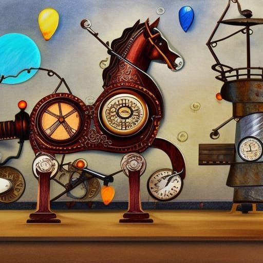 Steampunk Rocking Horse in Toy Store Illustration