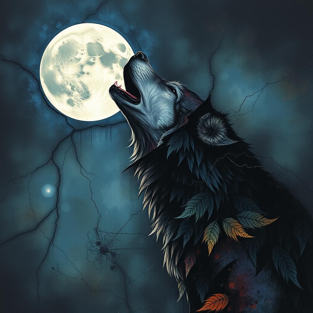 Ethereal Wolf Howling at Moon in Chiaroscuro