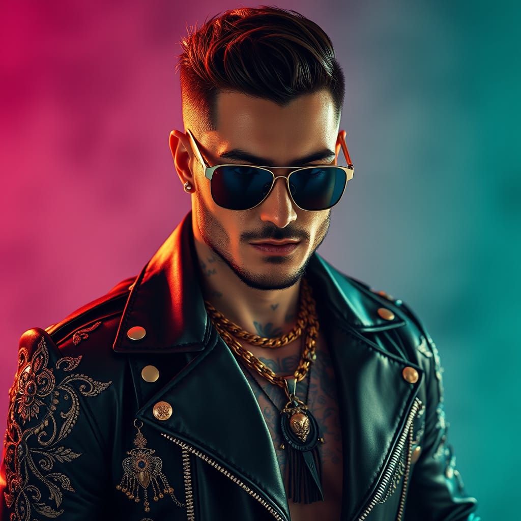 Dramatic Portrait of a Handsome Man in a Luxurious Leather J...