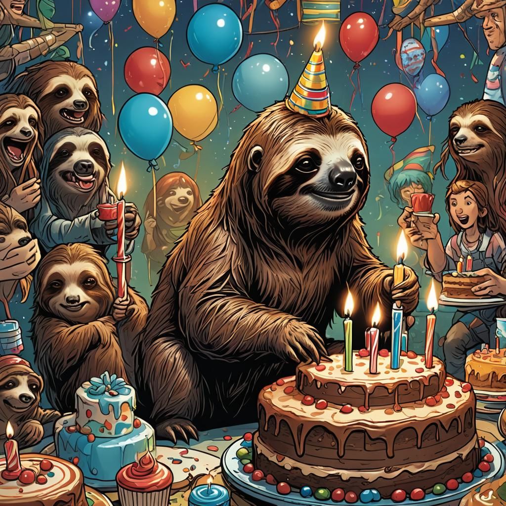 Sloth Celebrates Birthday in Comic Book Art
