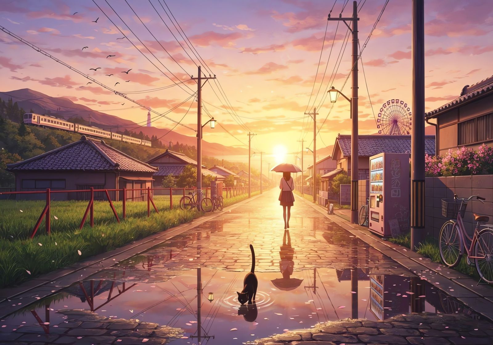 Anime Sunrise Over Cobblestone Road