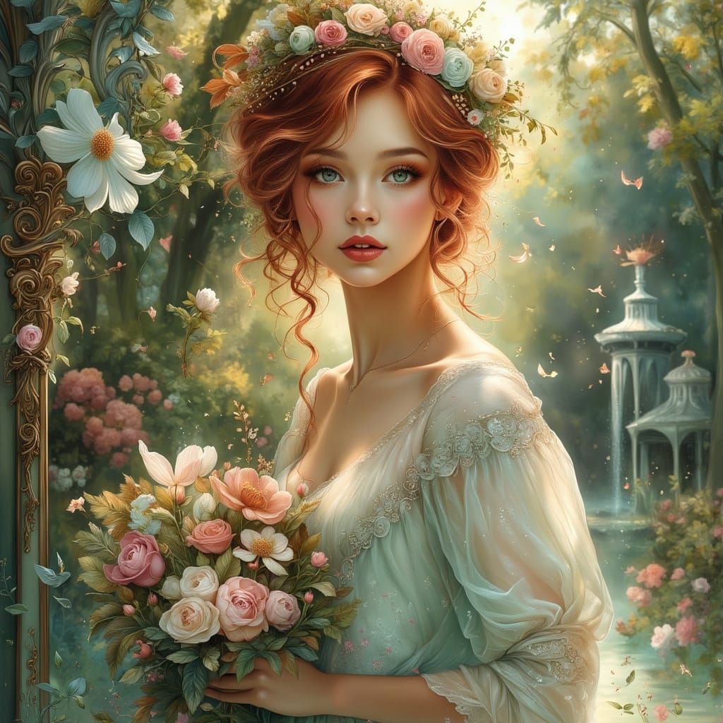 Elegant Woman in Victorian Gown in Enchanted Garden