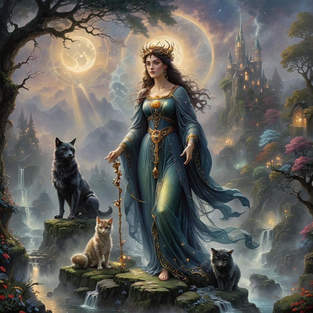 Ethereal Hecate in a Misty Fantasy Landscape