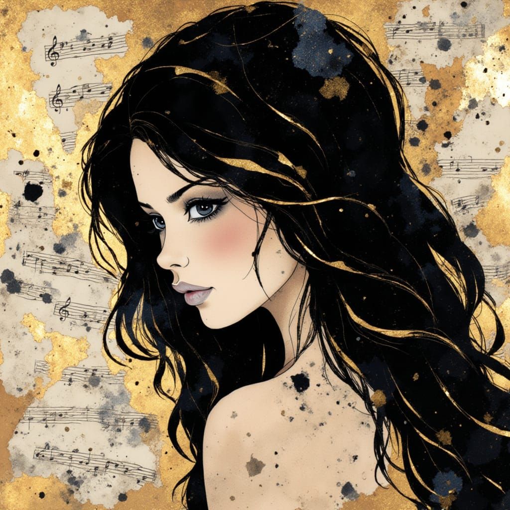 Portrait of a Young Woman with Flowing Hair in Mixed Media