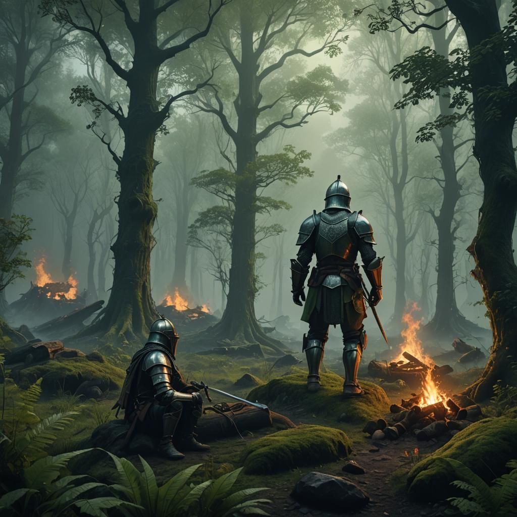 Eerie Green Forest Campfire Scene in Detailed Matte Painting