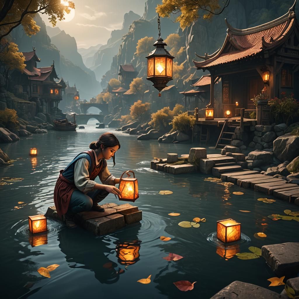 Girl Places Lantern in River: Fantasy Concept Art