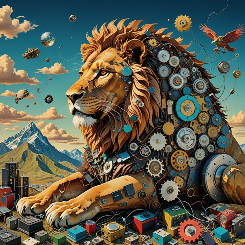 Clockwork Lion in Surrealist Collage Style
