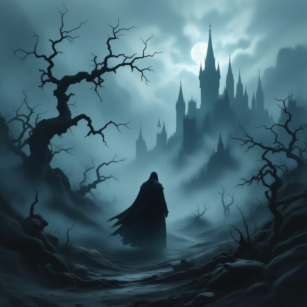 Haunting Gothic Figure in Abandoned Landscape