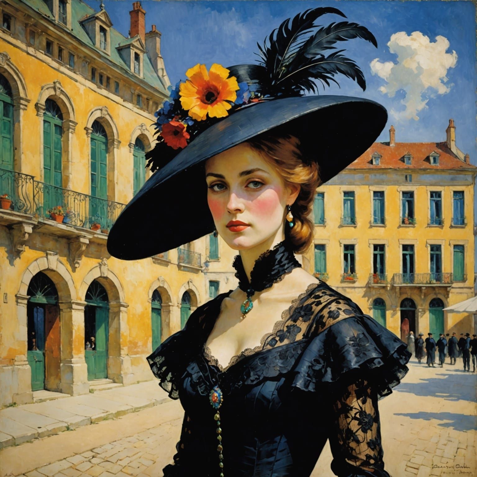 Elegant Woman in Black Lace and Feathered Hat, Post-Impressi...