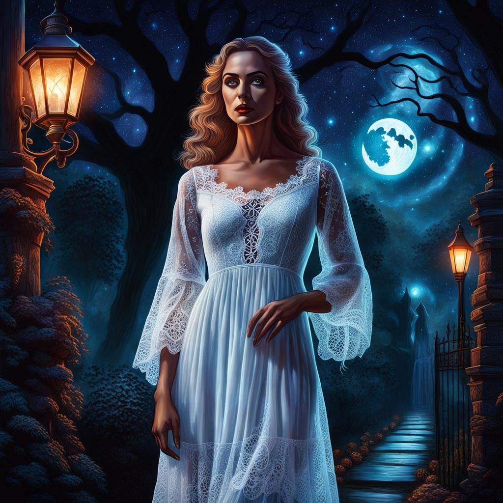 A young woman in a lacy white nightgown stands outside in a ...