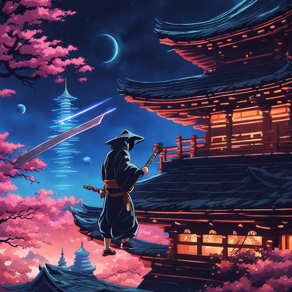 Ninja Wizard Descends from Neon Pagoda, Anime Style