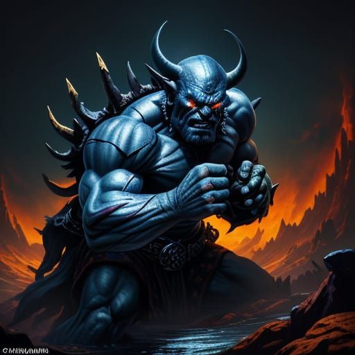 Kirmada Demon Muscle Man in Vibrant Oil Painting Style