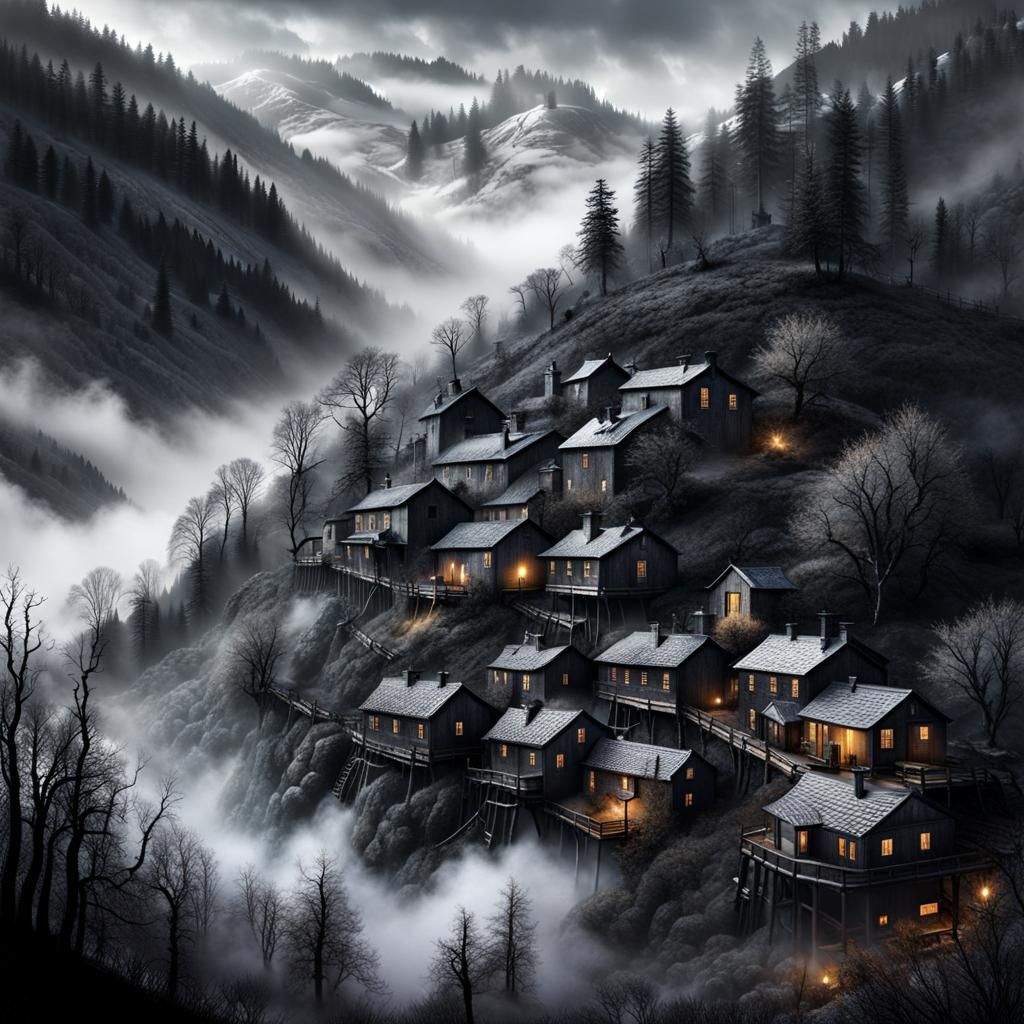 Creepy Fog Shrouded Village in Barren Mountains